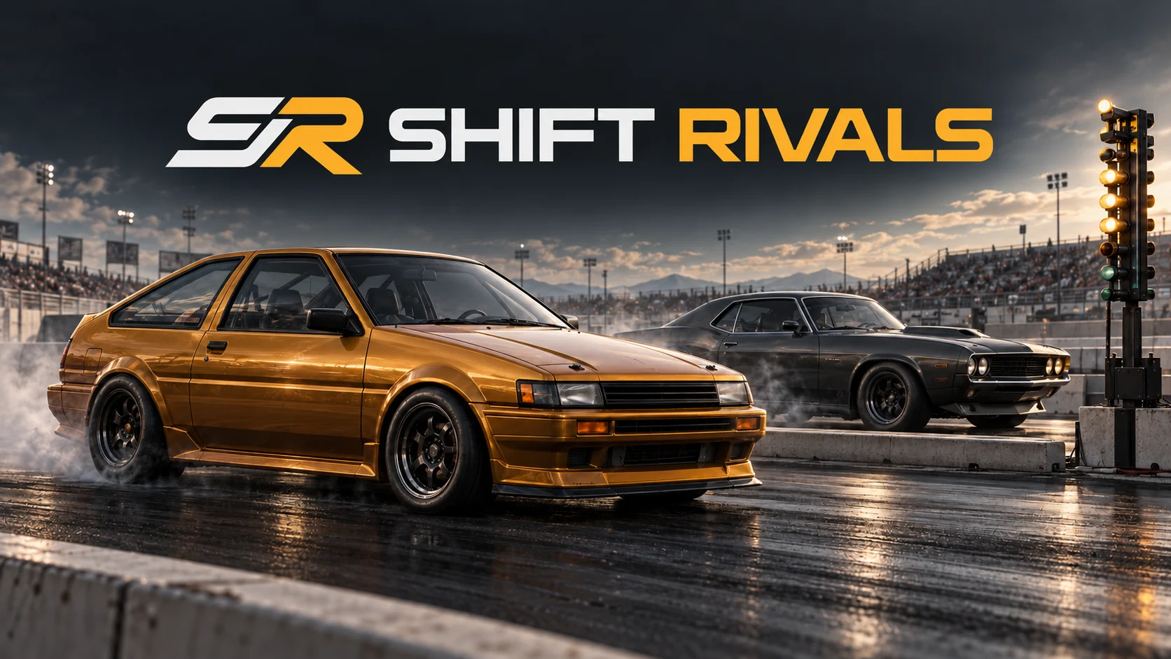 An amber hatchback and a dark muscle car side by side at the start line, the Christmas tree lit and the grandstands full — key art from Shift Rivals.