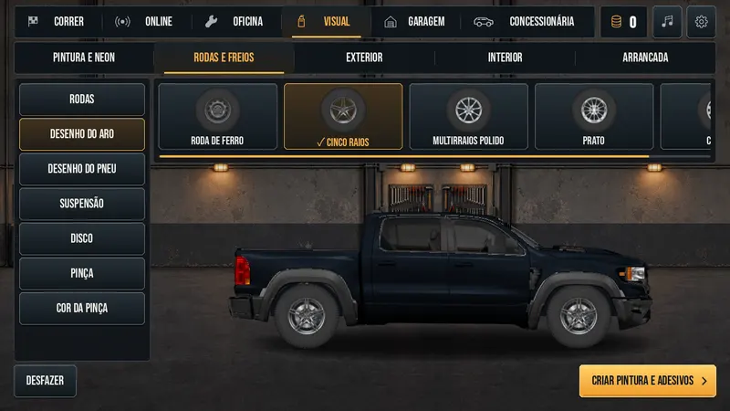 Wheels and brakes: rim design, suspension, discs and calipers for a pickup.