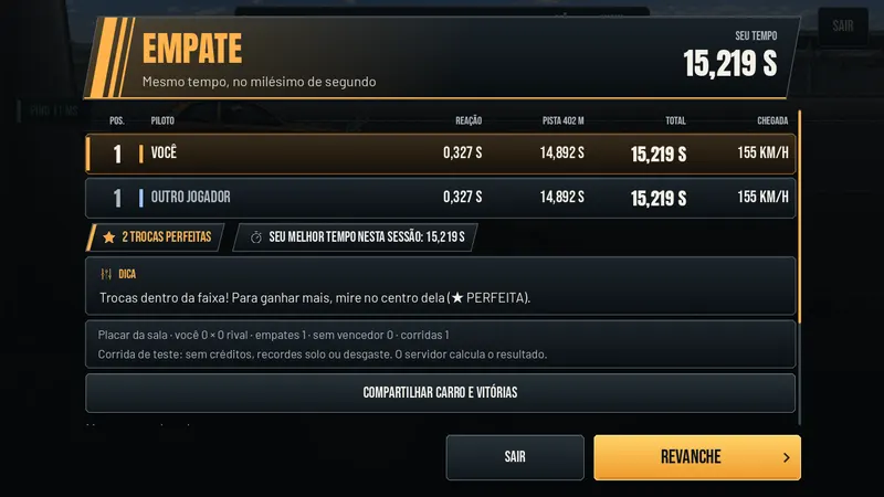 Race result: reaction time, strip time, total time and top speed for both drivers.