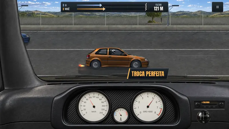 Daytime practice at the raceway, mid-run, with the analogue gauges in view.